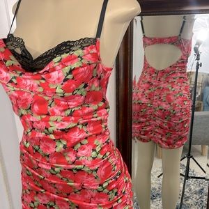 FL&L Floral Satin Ruched Cowl Neck Mini Dress w/ Black Bra Underlay Med Like New